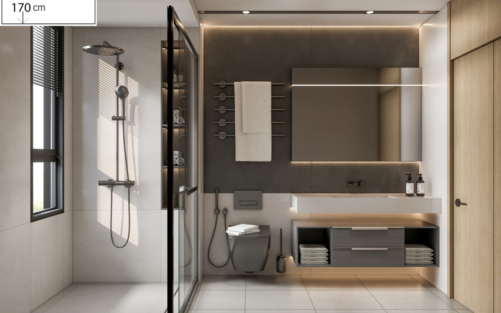 Modern bathroom interior 3D render scene with glass shower, vanity, mirror, and towels SketchUp Enscape