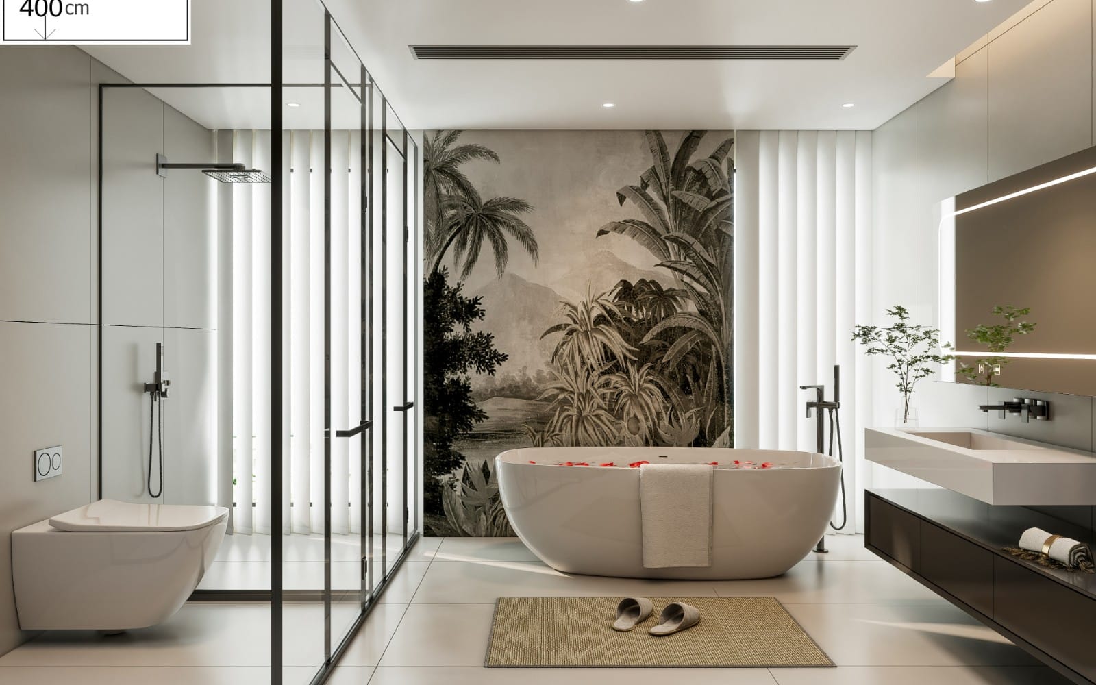 Modern bathroom 3D render with freestanding bathtub, glass shower, and vanity in a SketchUp Enscape scene