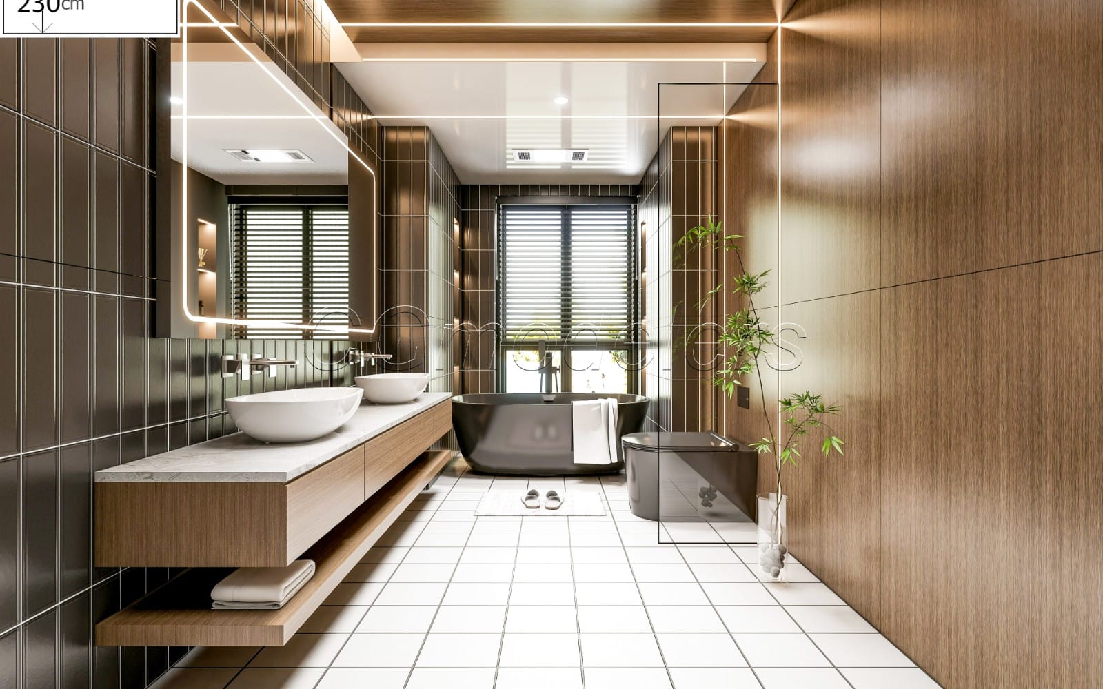 Modern bathroom interior 3D render with tiled walls, vanity, tub, shower, and warm lighting for SketchUp Enscape