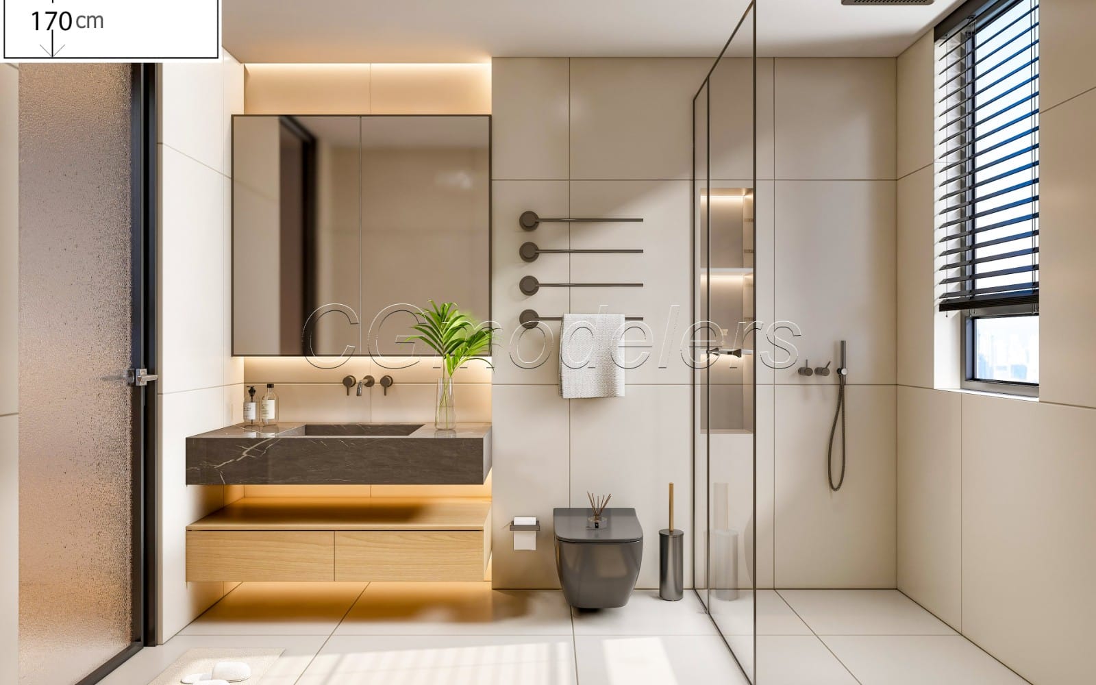 Modern bathroom interior 3D model render with vanity, mirror, shower accessories, and toilet in a bright tiled room
