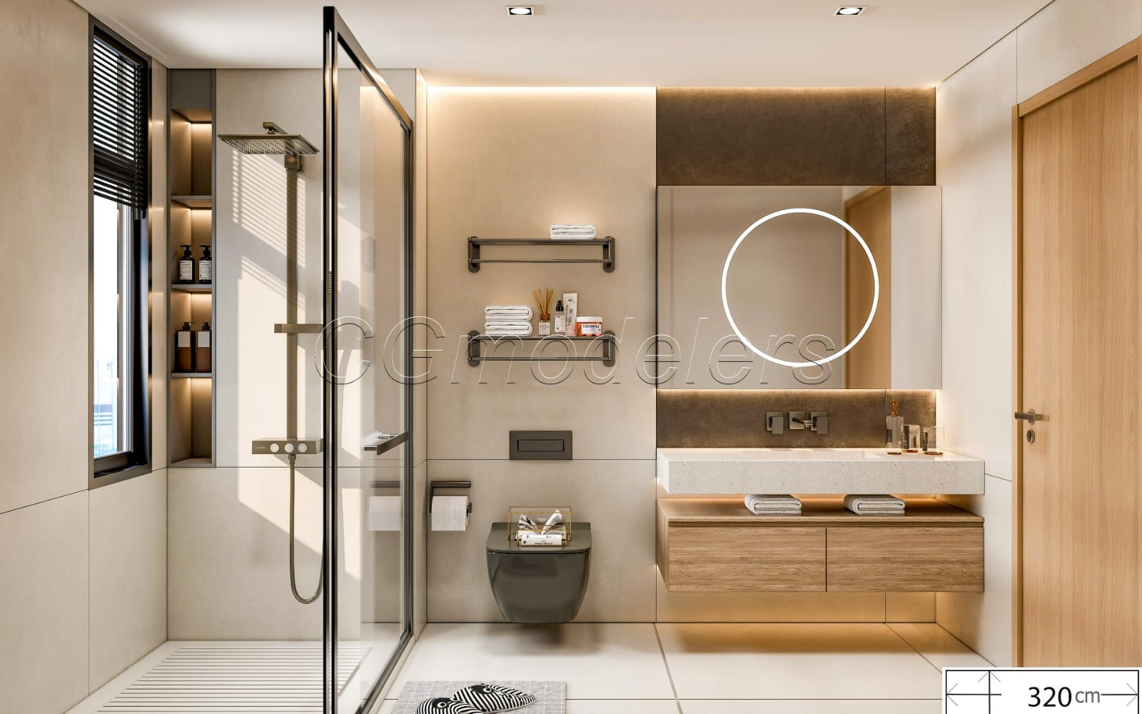 Modern bathroom interior 3D render with walk-in shower, vanity, toilet, and circular mirror scene