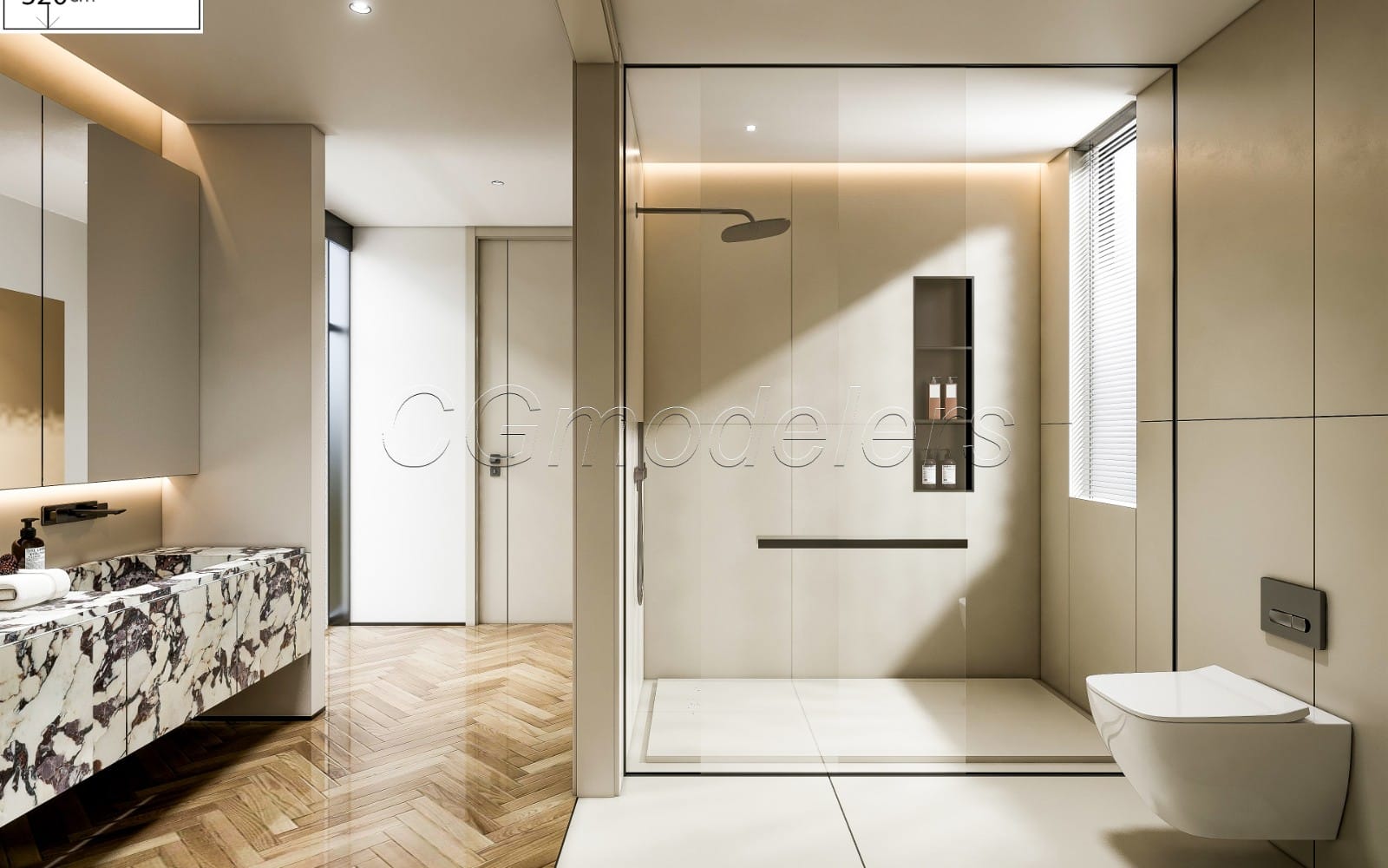 Modern bathroom SketchUp model scene with Enscape render, shower glass, vanity counter, lighting, and PBR materials