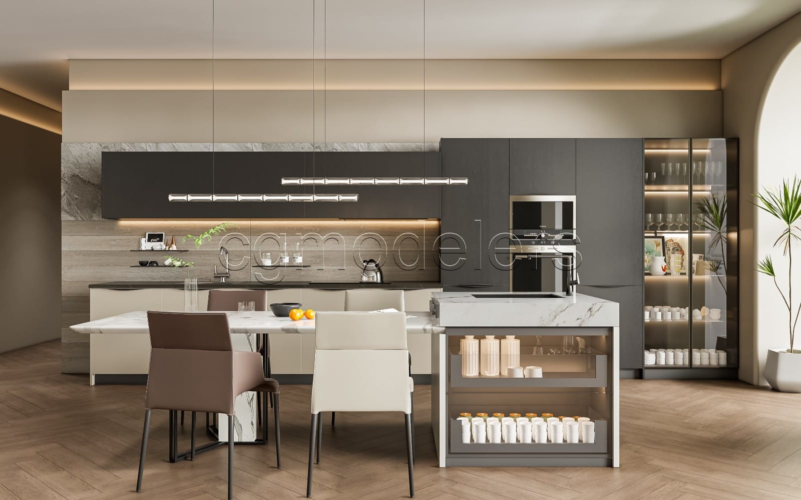 Modern kitchen interior 3D render with island, cabinets, countertop appliances, and warm lighting PBR ready model