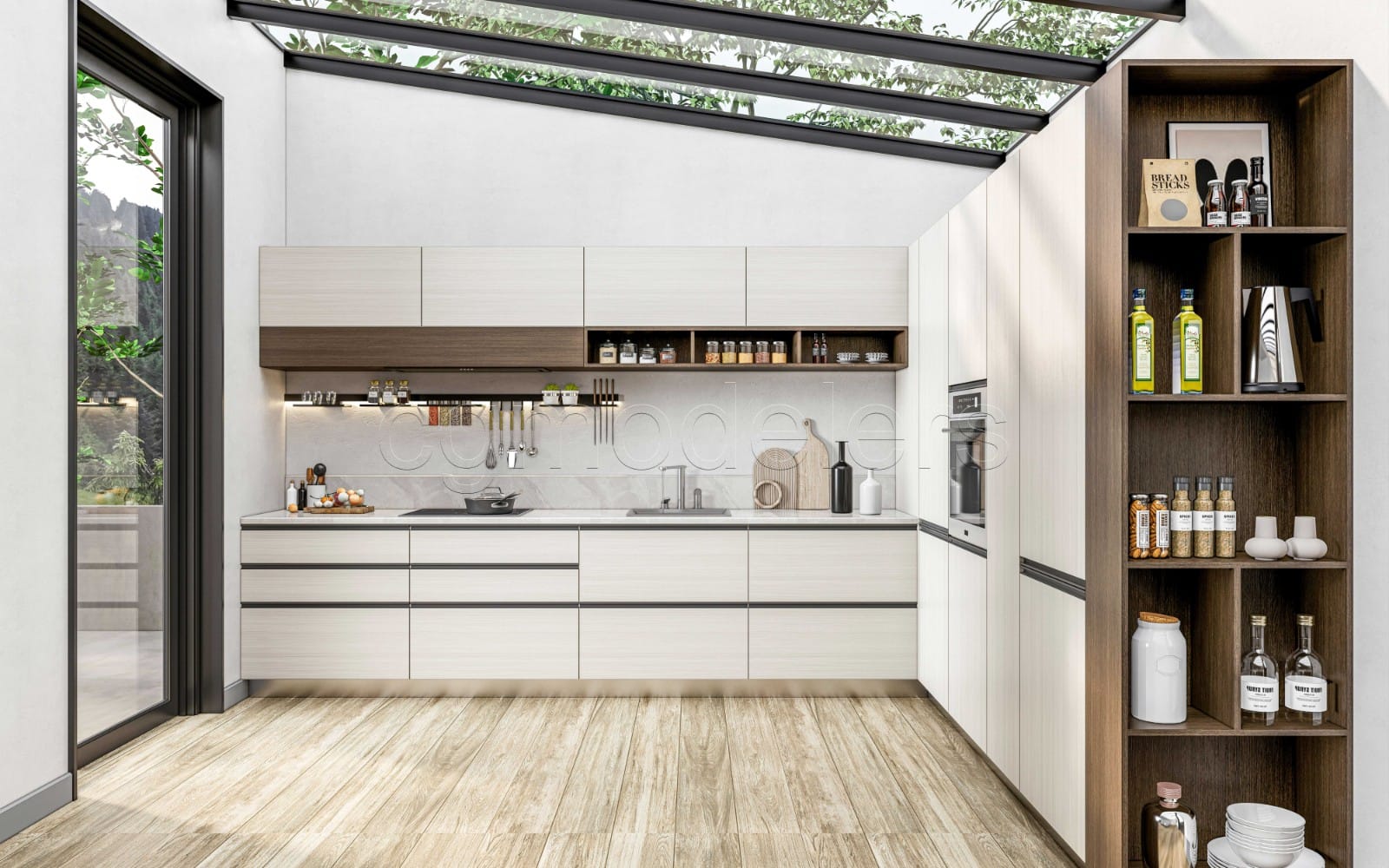 Modern kitchen 3D SketchUp model render with full lighting, cabinets, counters, and built-in pantry shelving