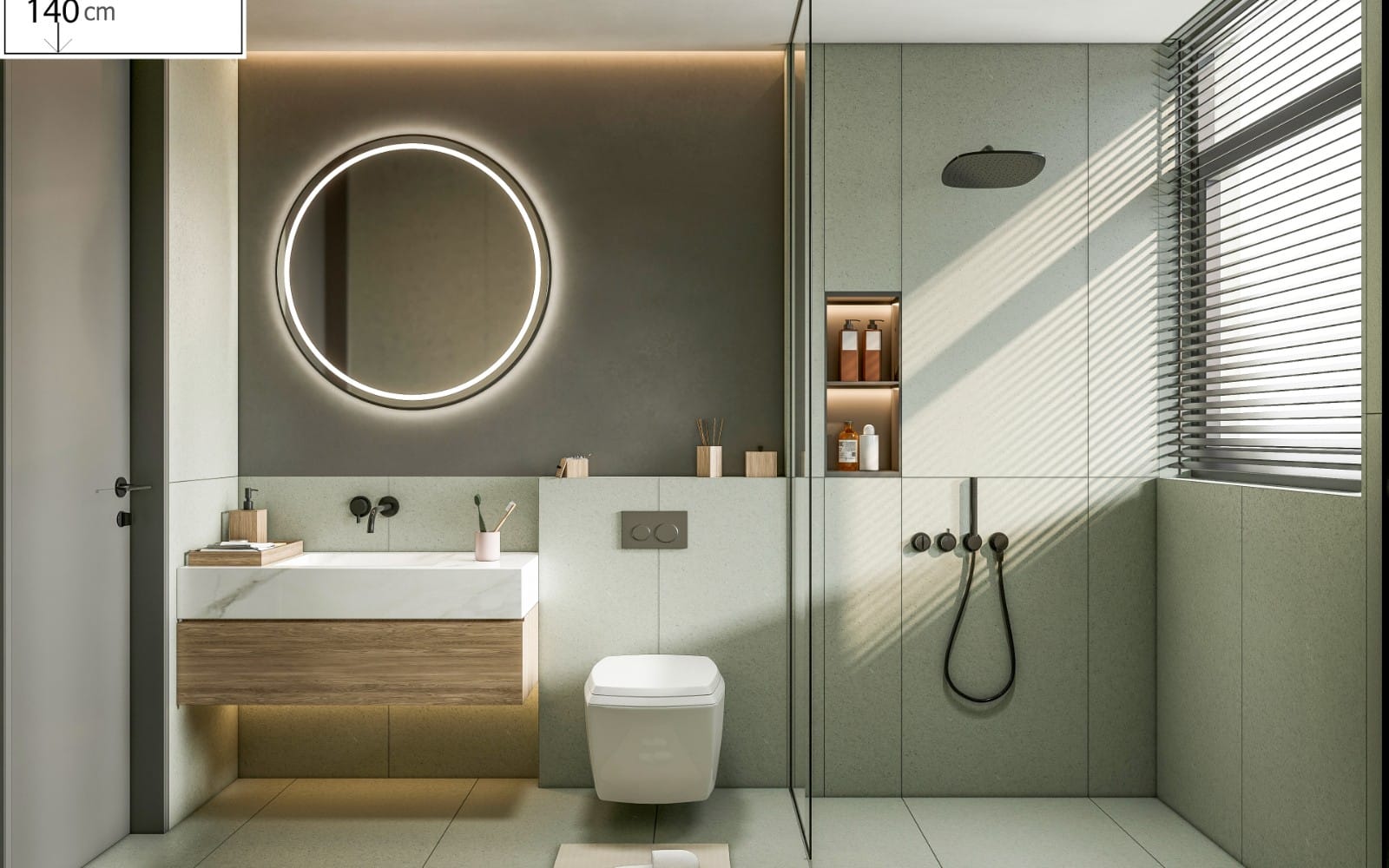 Modern bathroom 3D render with circular LED mirror, vanity sink, toilet, glass shower and rainfall head