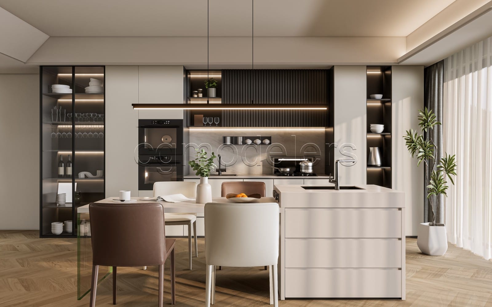Modern kitchen interior 3D render with white cabinetry, island sink, pendant lighting, and glass display shelves