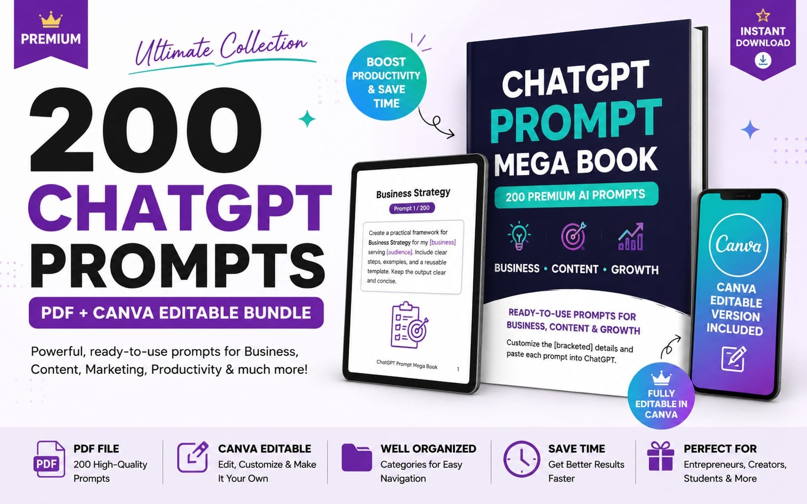 200 ChatGPT Prompts – PDF + Canva Editable Bundle