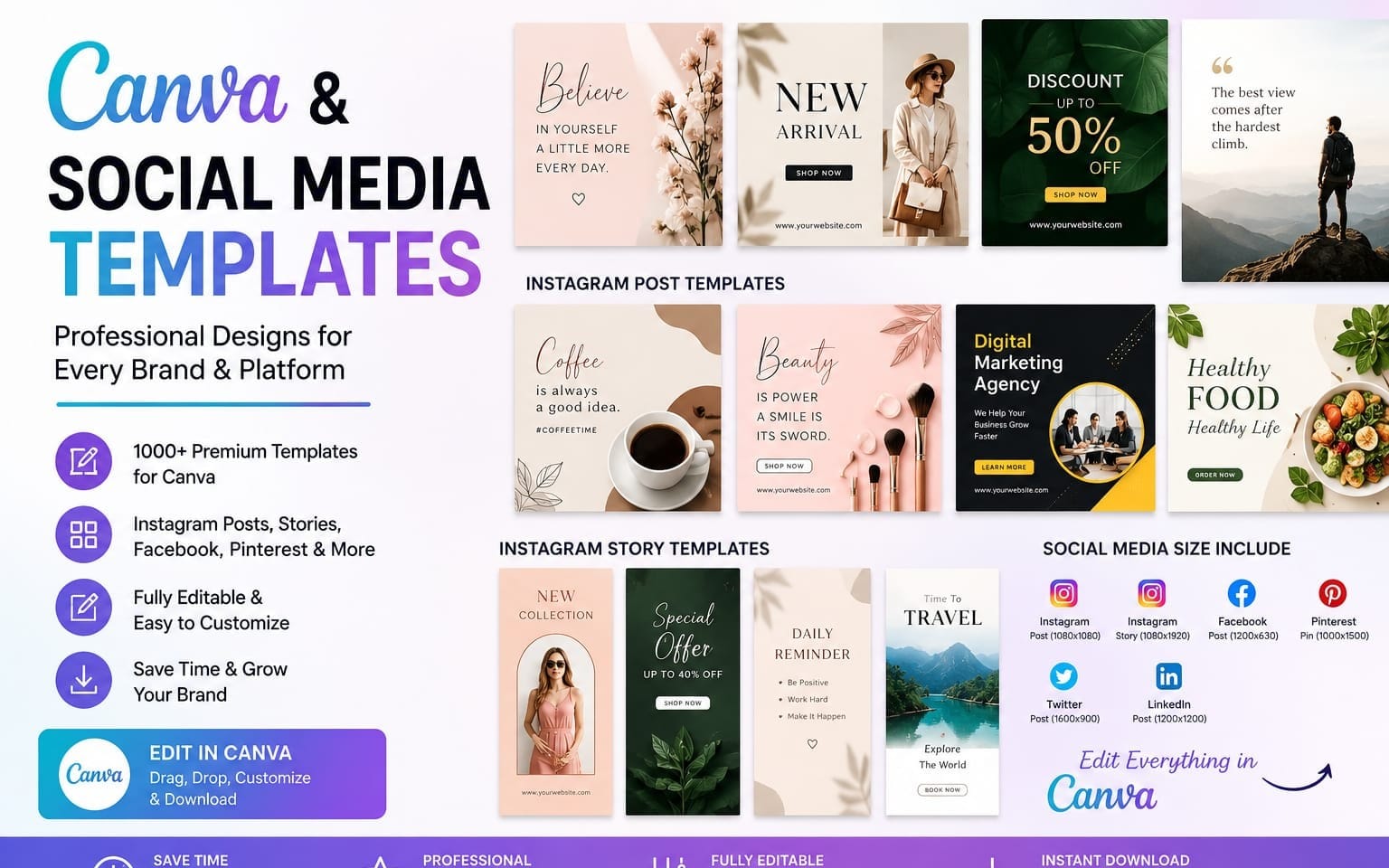 100 Editable Canva Social Media Templates Bundle