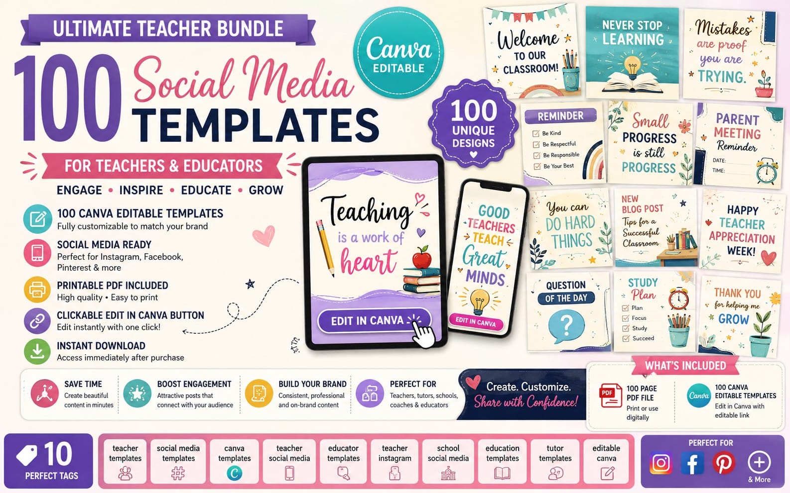 Teacher Canva Bundle | 100 Planner Pages + 100 Social Media Templates | Editable Canva Templates | Printable PDF