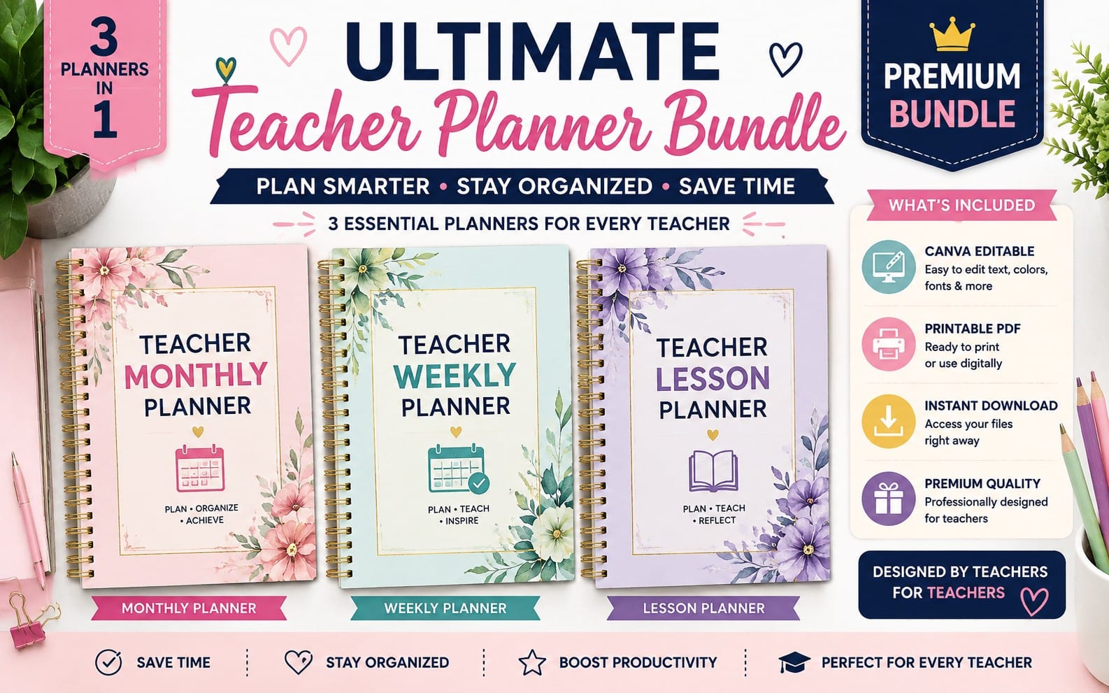 Ultimate Planner Bundle для учителей – Ежемесячный + weekly + планер уроков | Canva editable + Printable PDF