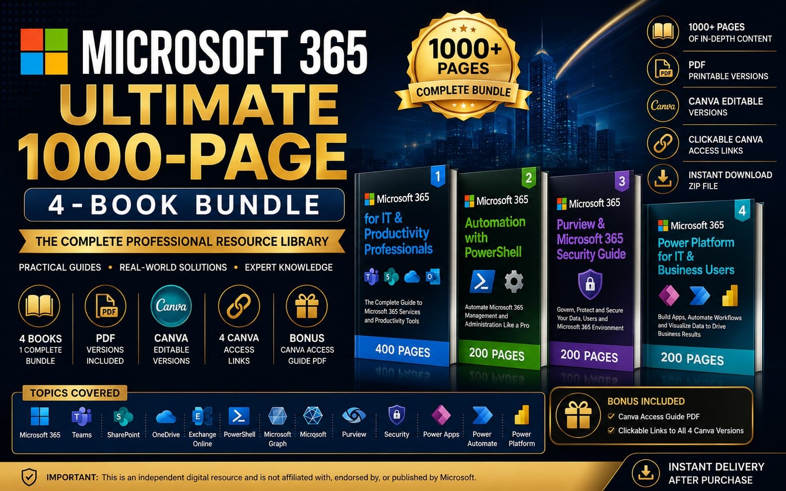 Microsoft 365 Ultimate 1000-страничный пакет из 4 книг | PDF + Canva редактируемый