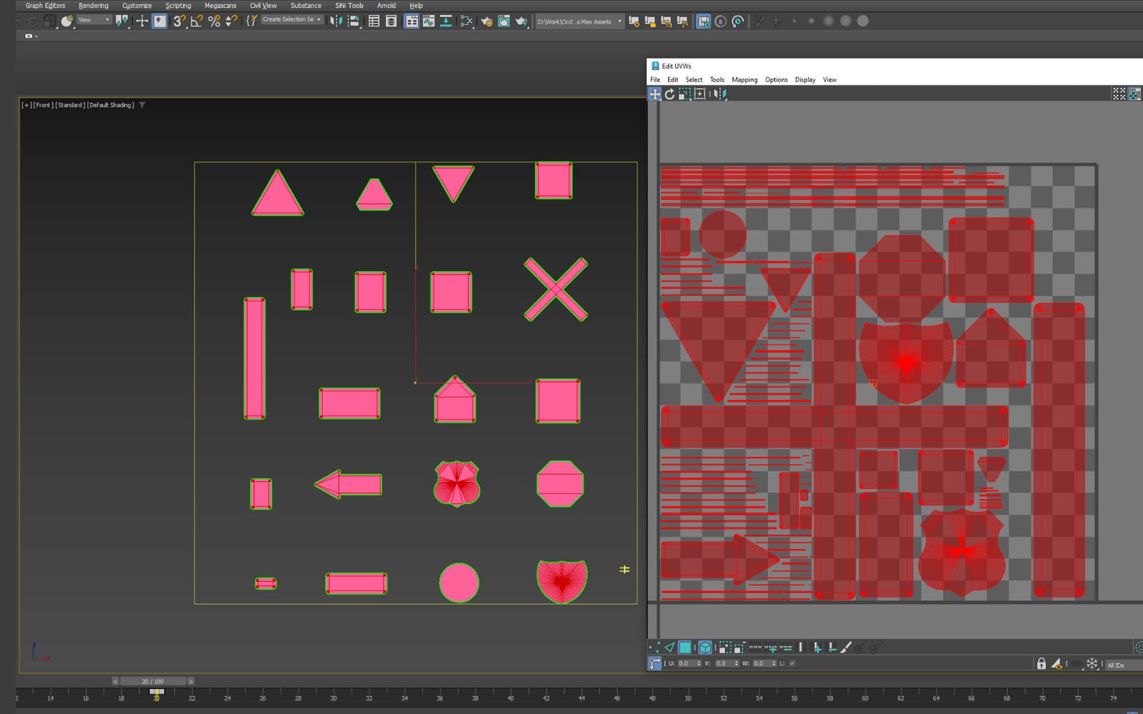 Autodesk 3ds Max UV editing workspace showing texel density normalization tool with red UV shells and checker preview