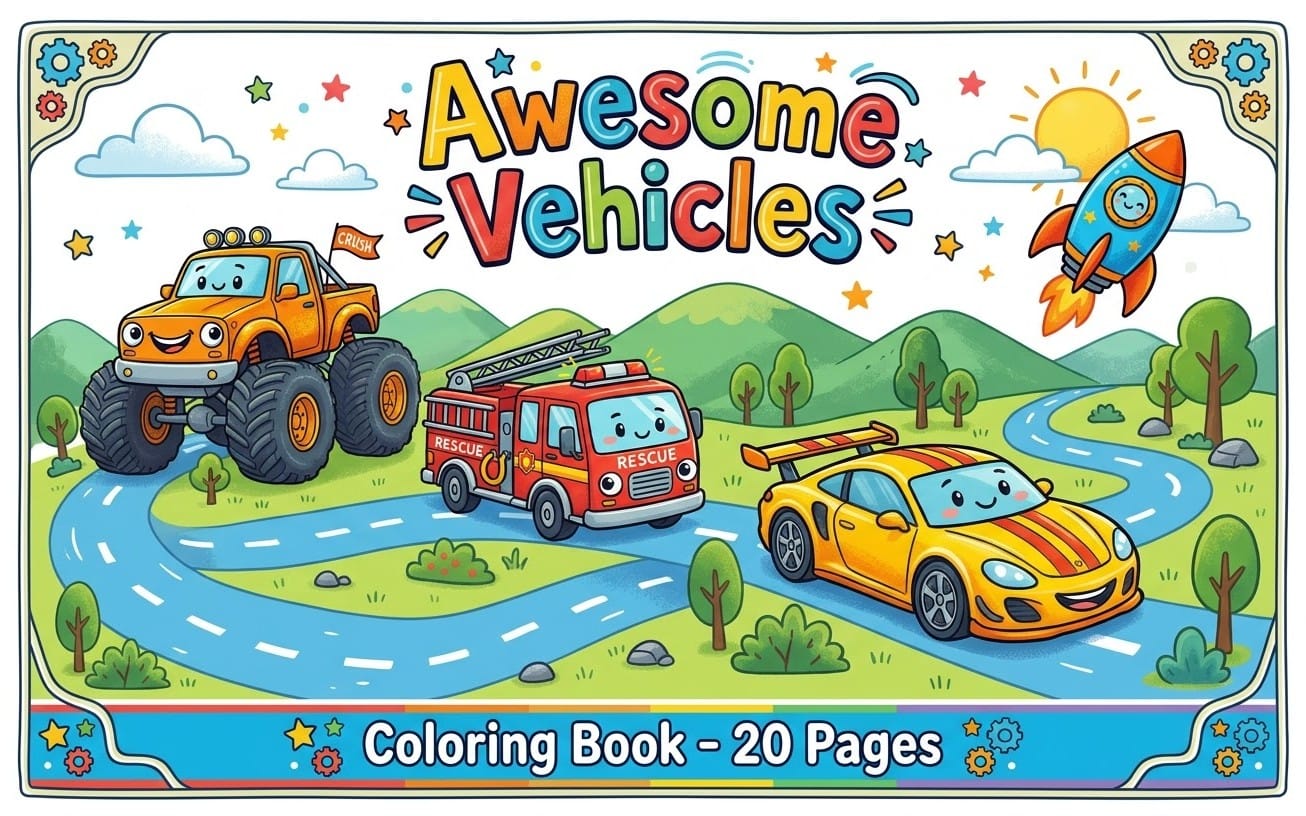 Kids vehicle-themed coloring book cover with cartoon truck, rocket, cars, mountains, and 20 pages text