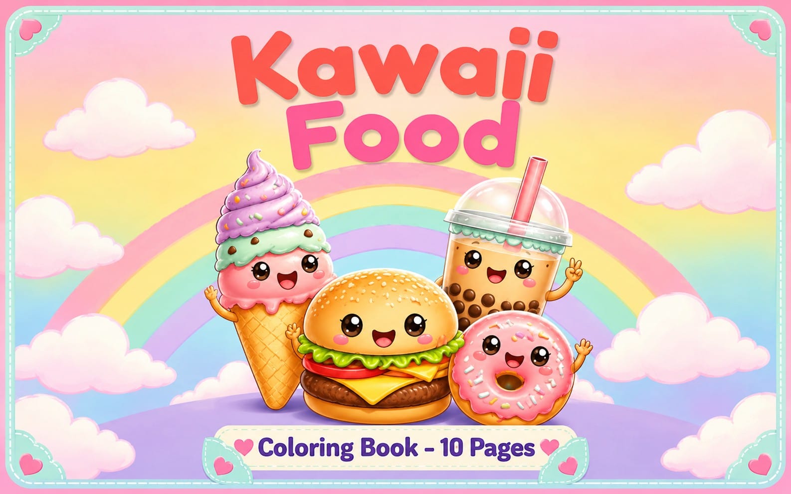 Cute kawaii food coloring book cover with smiling ice cream, burger, donut, and boba cup plus text 10 pages
