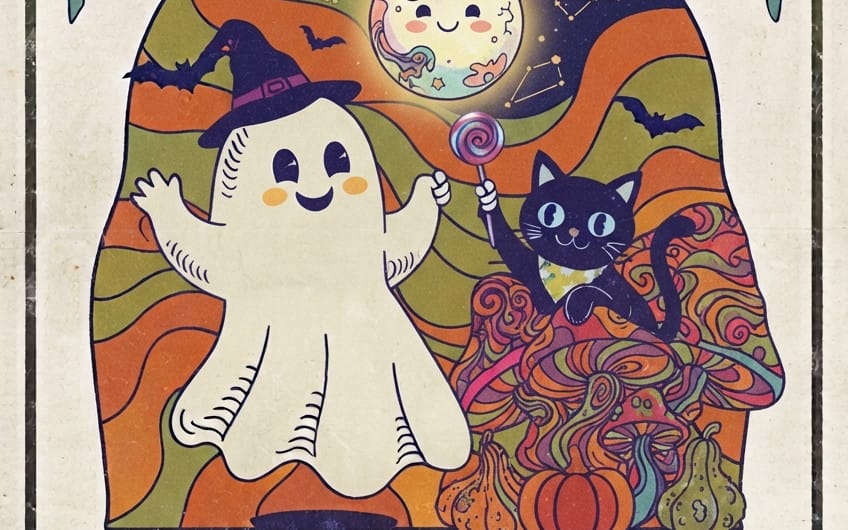 Groovy Halloween digital illustration featuring a cute ghost, black cat, bat, pumpkins, and candy swirls