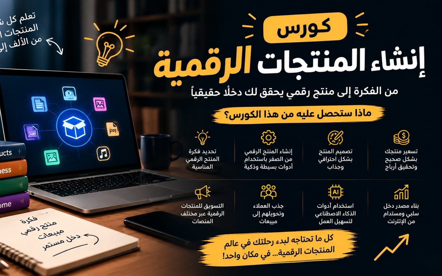 تصميم ترويجي لكورس رقمي بعنوان إنشاء المنتجات الرقمية مع لابتوب وأيقونات وشعار كورس