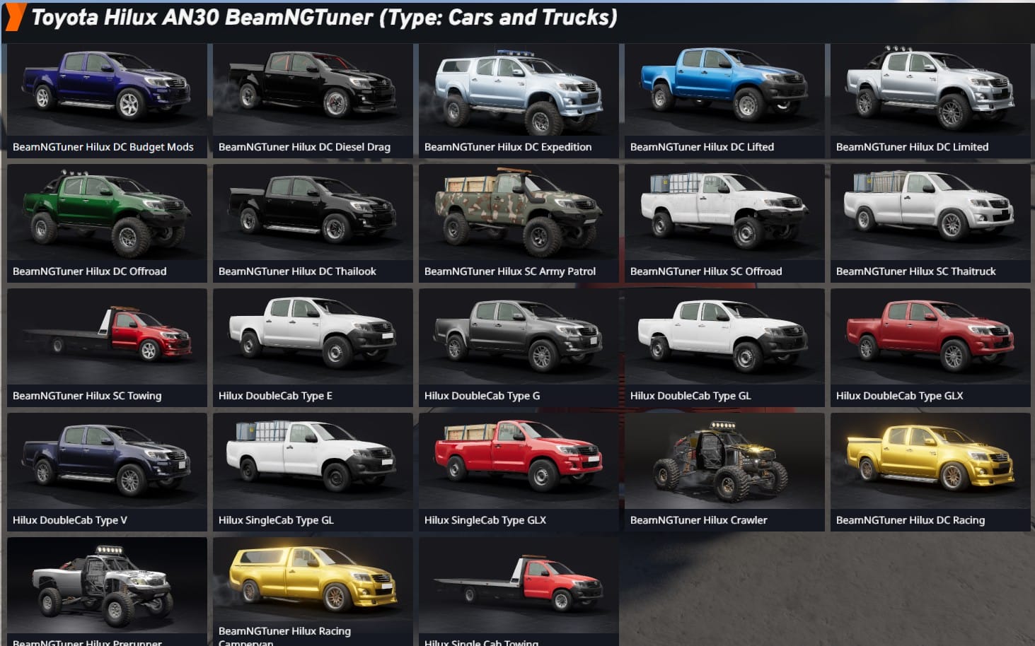 Grid of BeamNG.drive mod screenshots showing a 2012 Toyota Hilux AN30 double and single cab truck variants