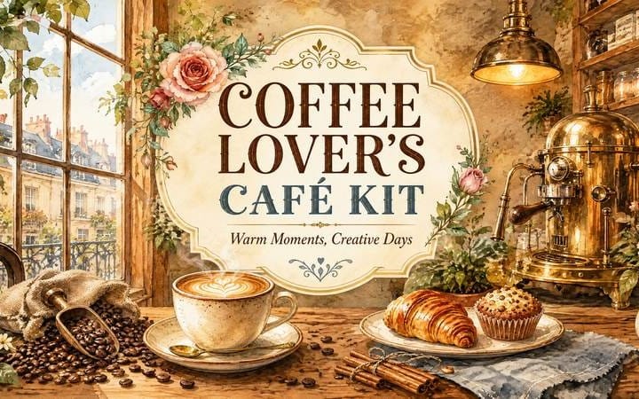 Vintage coffee cafe kit cover art with cups, pastries, coffee beans, and brass espresso machine decor