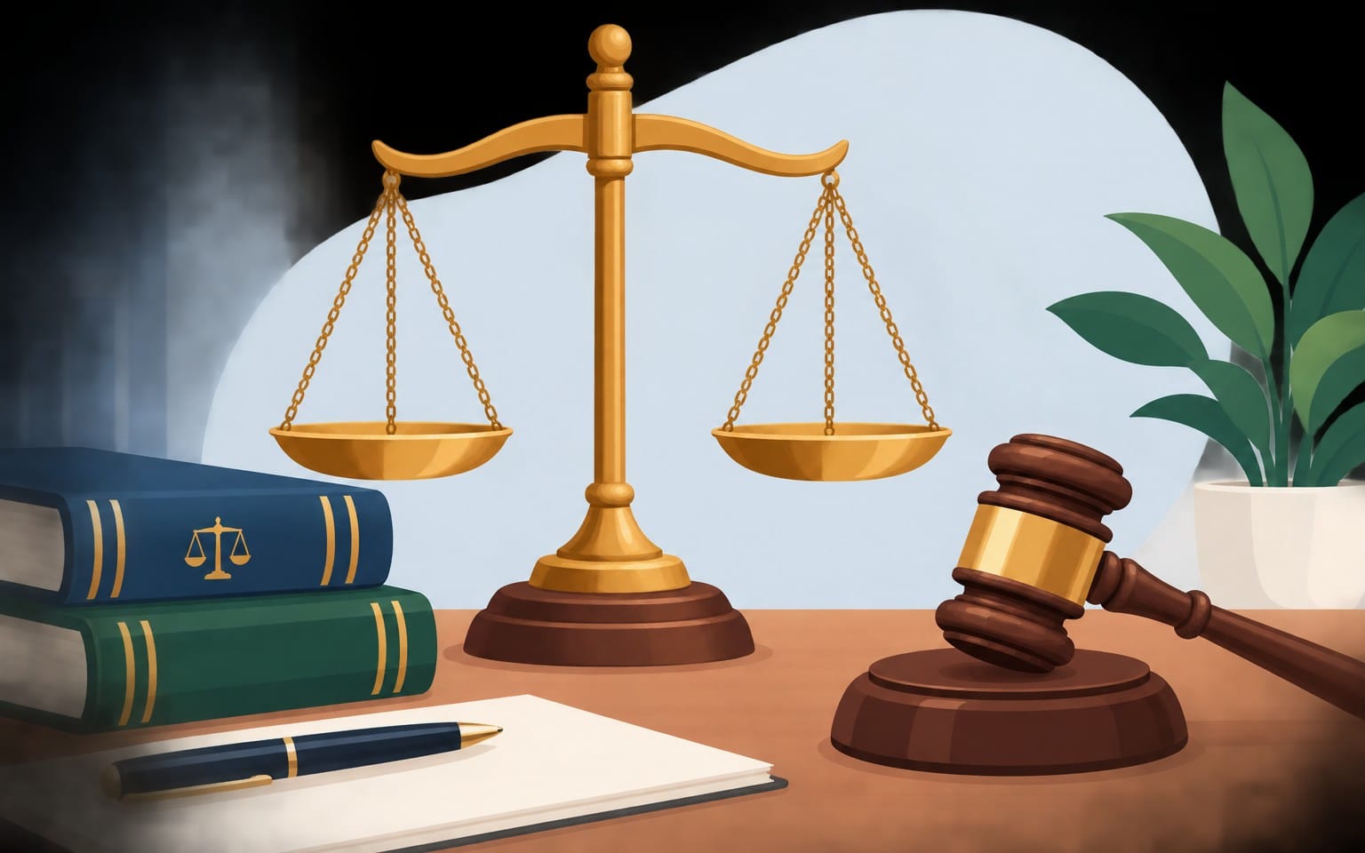 3D legal-themed scene with scales, books, gavel, and a sunlit backdrop, like printable flower wall art