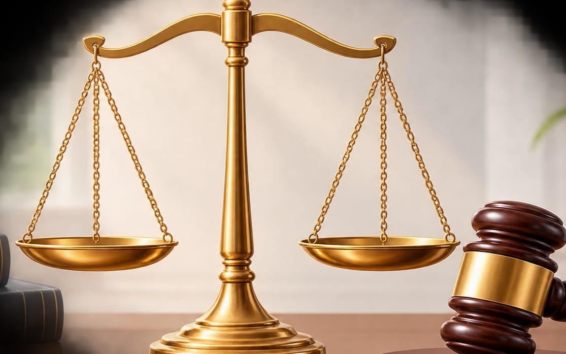 Gold scales of justice balancing over legal books, with a gavel and courtroom background for an Iranian divorce law
