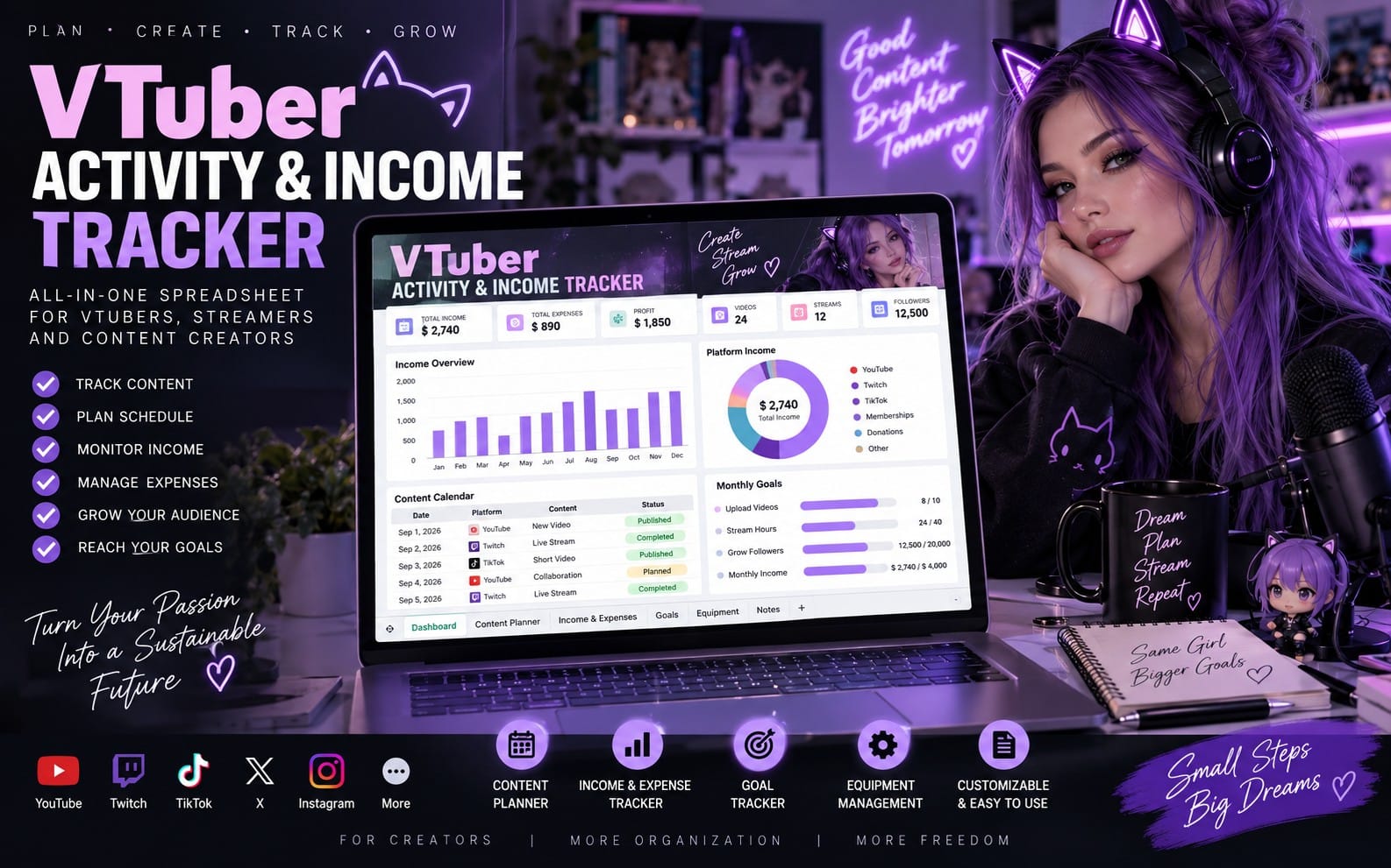 Promotional banner for a VTuber activity and income tracker spreadsheet with purple themed streamer setup and laptop