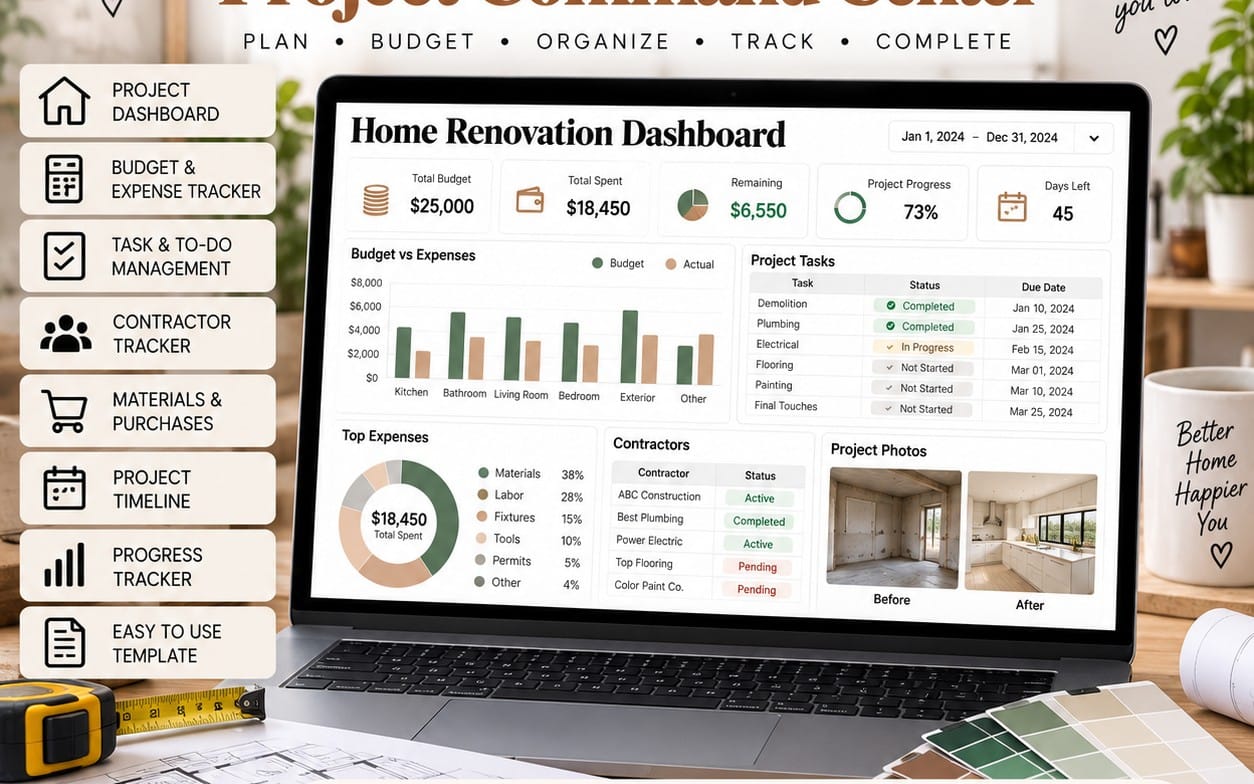 Home renovation dashboard template shown on a laptop screen with budget, tasks, progress charts, and project photos