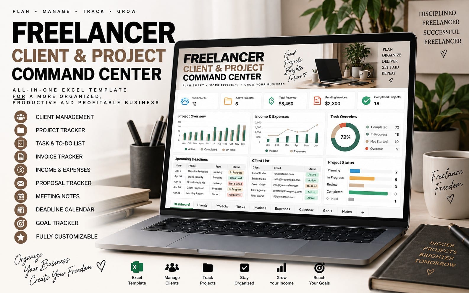 Freelancer Client & Project Command Center Excel template with client management, project tracking, tasks, deadlines, income, expenses and business dashboard