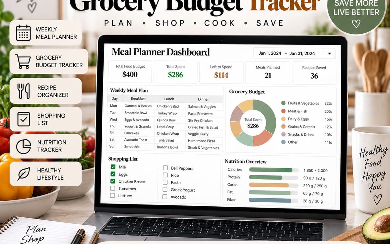 Meal planner and grocery budget tracker dashboard on a laptop screen with weekly plan, charts, and shopping list