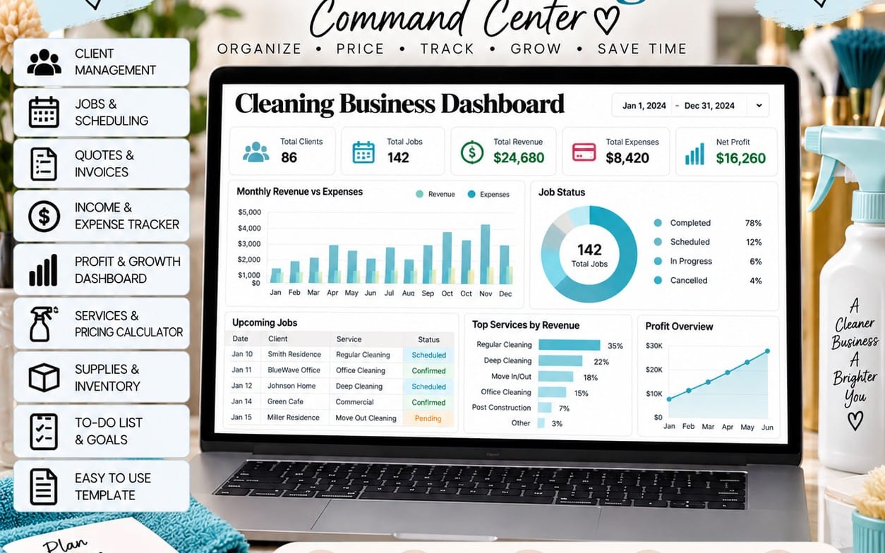 Cleaning Business Profit and Pricing Command Center Excel template for managing clients, jobs, pricing, expenses and business profits