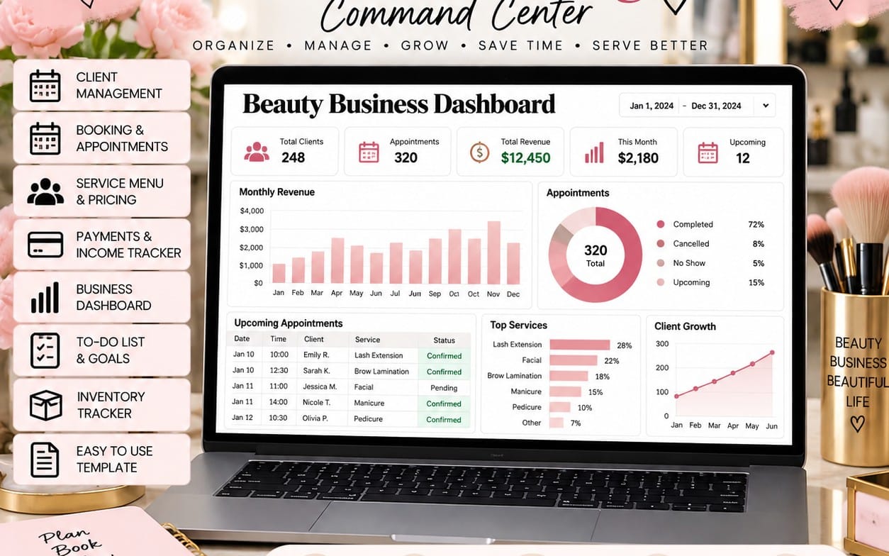 Beauty Business Client and Booking Command Center Excel template for managing clients, appointments, services, income and business growth