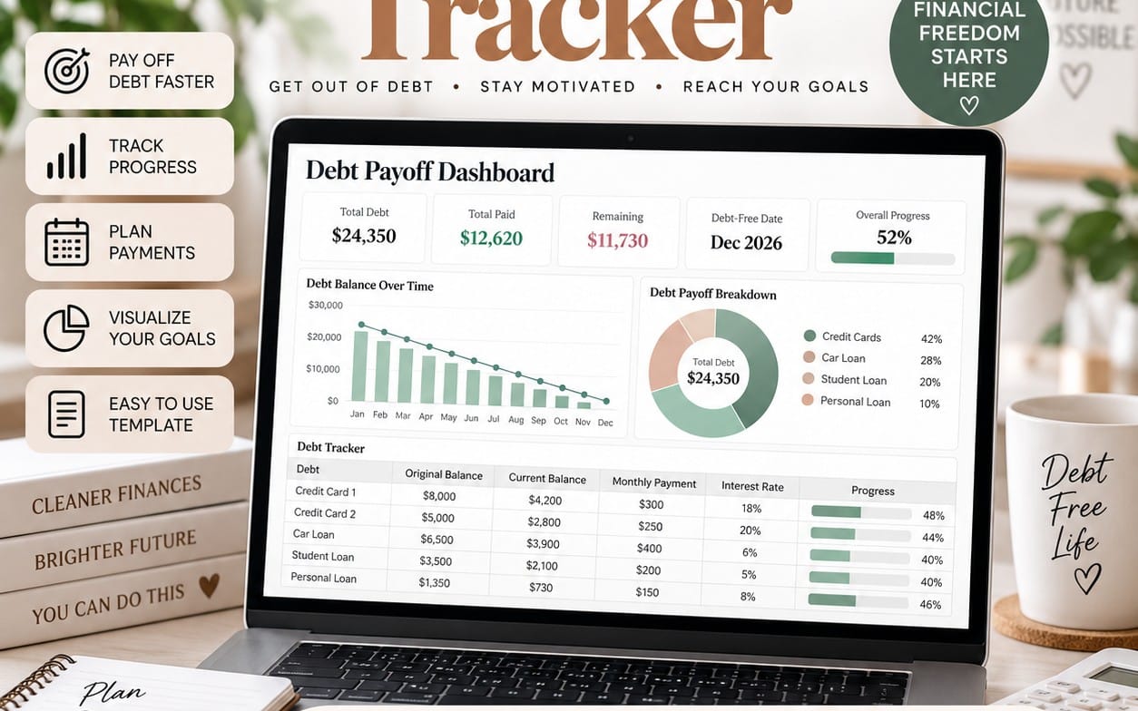 Debt payoff tracker dashboard on a laptop screen showing total debt, progress, charts, and payment plan
