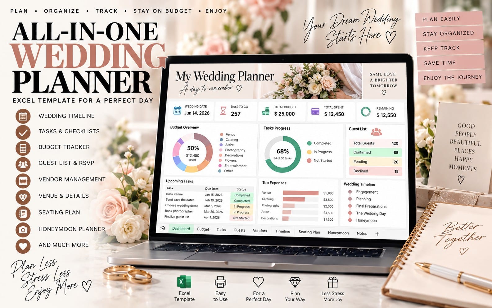 All-in-One Wedding Planner Excel template with budget, guest list, timeline, vendors, seating plan and honeymoon planner