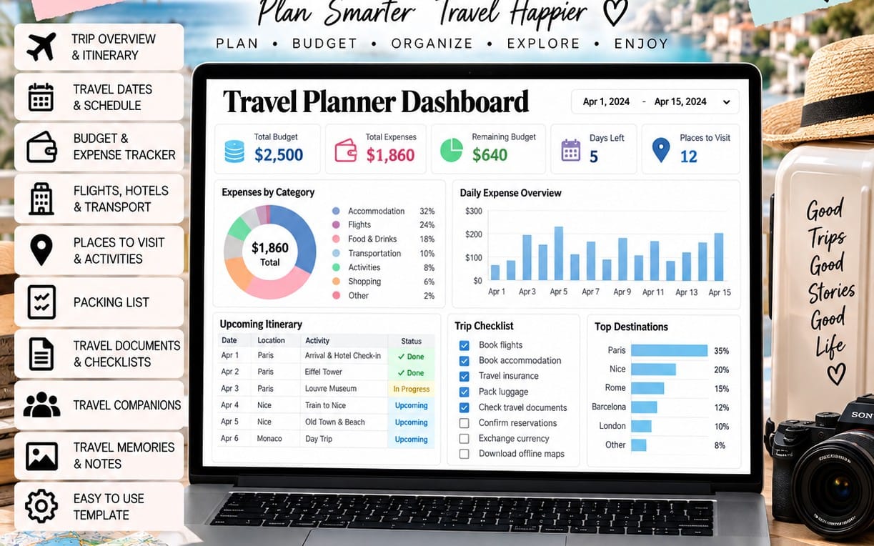 Ultimate Travel Planner Budget and Itinerary Excel template for organizing trips, travel budgets, expenses, bookings, activities and packing lists