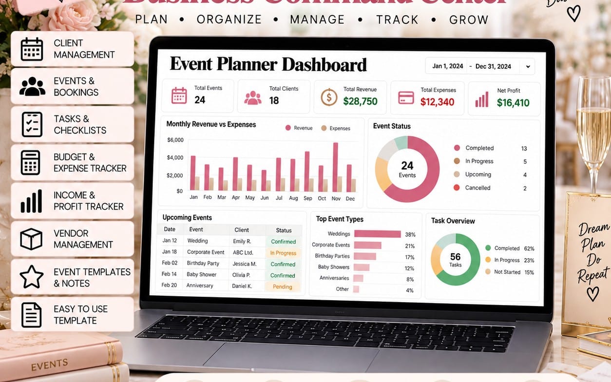 Event planner dashboard on a laptop screen with client, tasks, budget, revenue, and event status tracking graphics