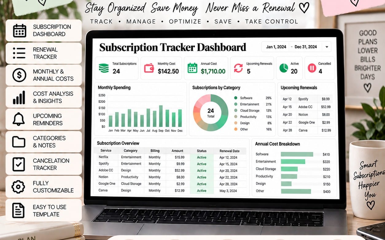 Subscription Cost and Renewal Tracker Excel template for tracking subscriptions, recurring costs, renewal dates and cancellations