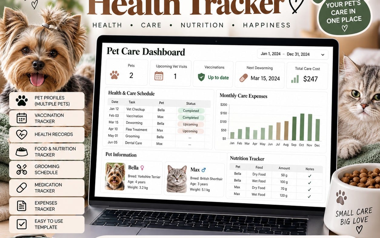 Pet care and health tracker dashboard on a laptop screen with cute dog and cat around it