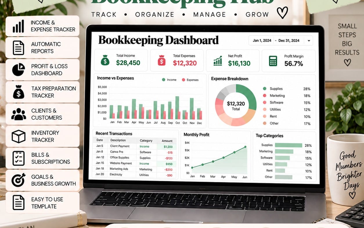 Bookkeeping dashboard template on a laptop screen with income, expenses, profit charts and trackers for small businesses