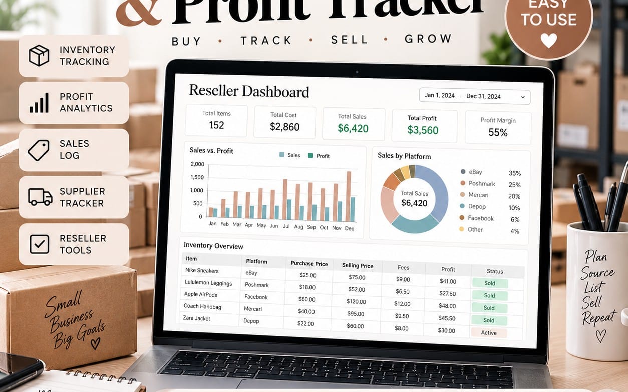 Laptop screen showing reseller inventory and profit tracker dashboard with sales analytics charts and inventory table