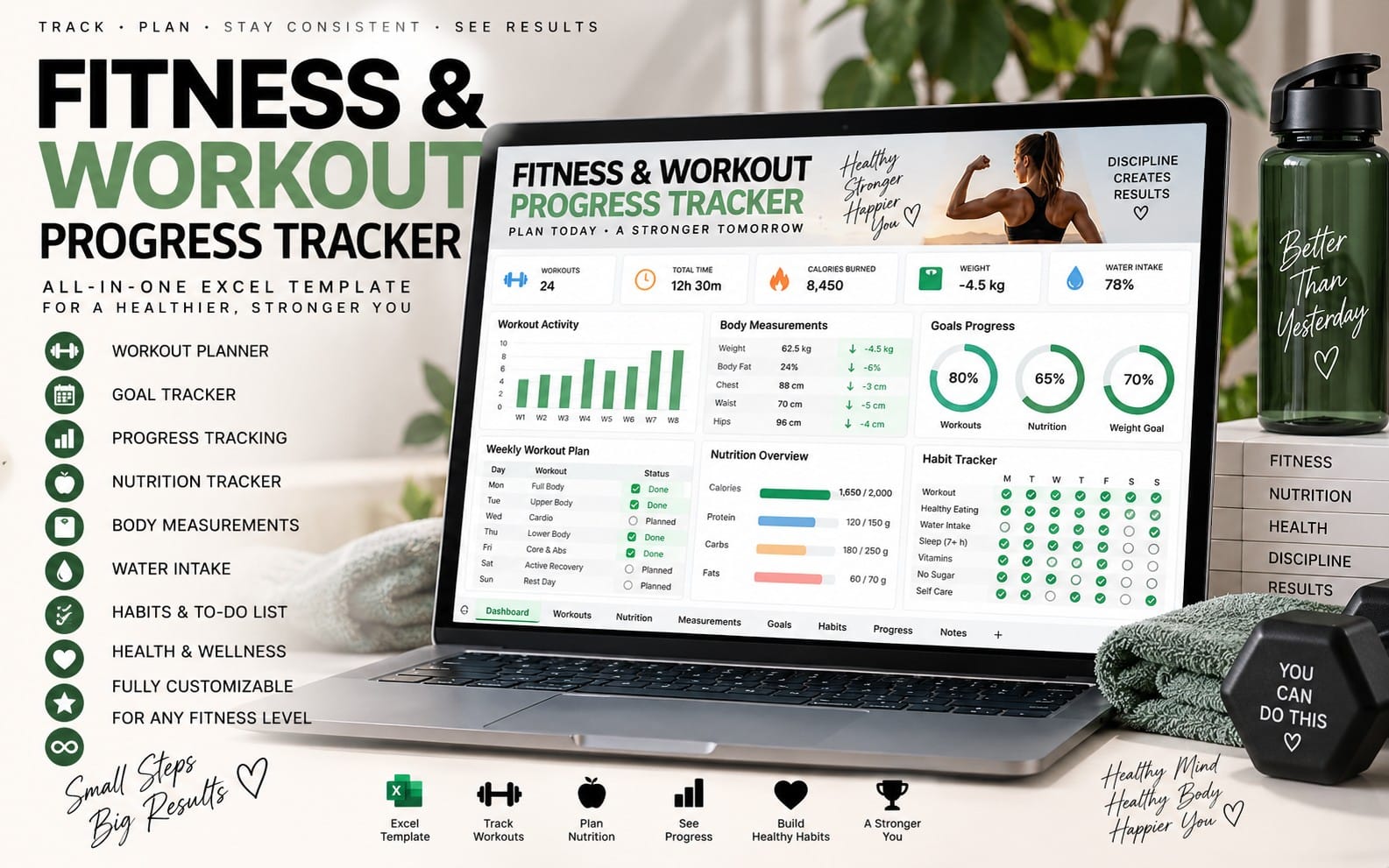 Fitness & Workout Progress Tracker Excel template with workout planner, nutrition tracker, goals, habits and progress dashboard