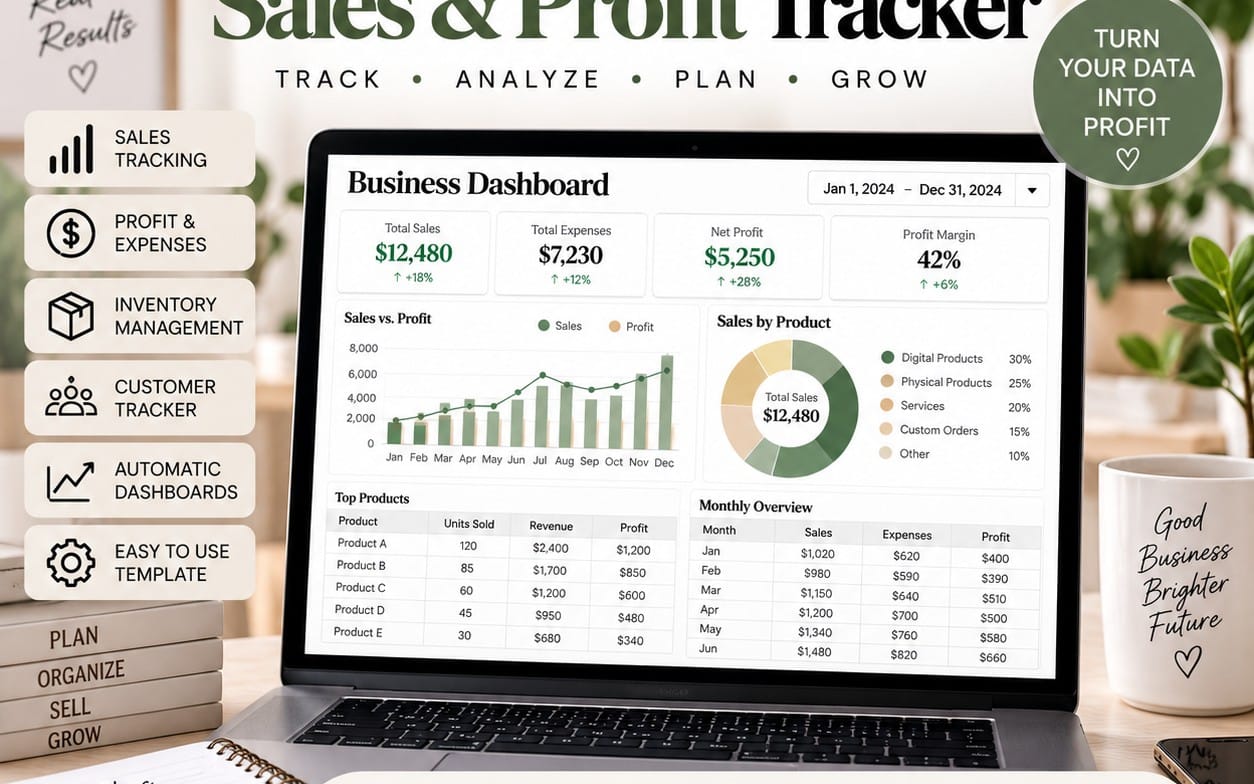 Laptop screen showing a small business sales and profit tracker dashboard with charts for income, expenses, and margins