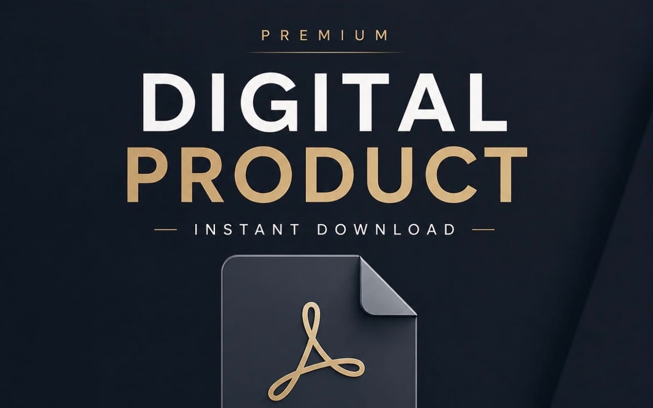 Digital product download banner with premium bold typography and a stylized file icon