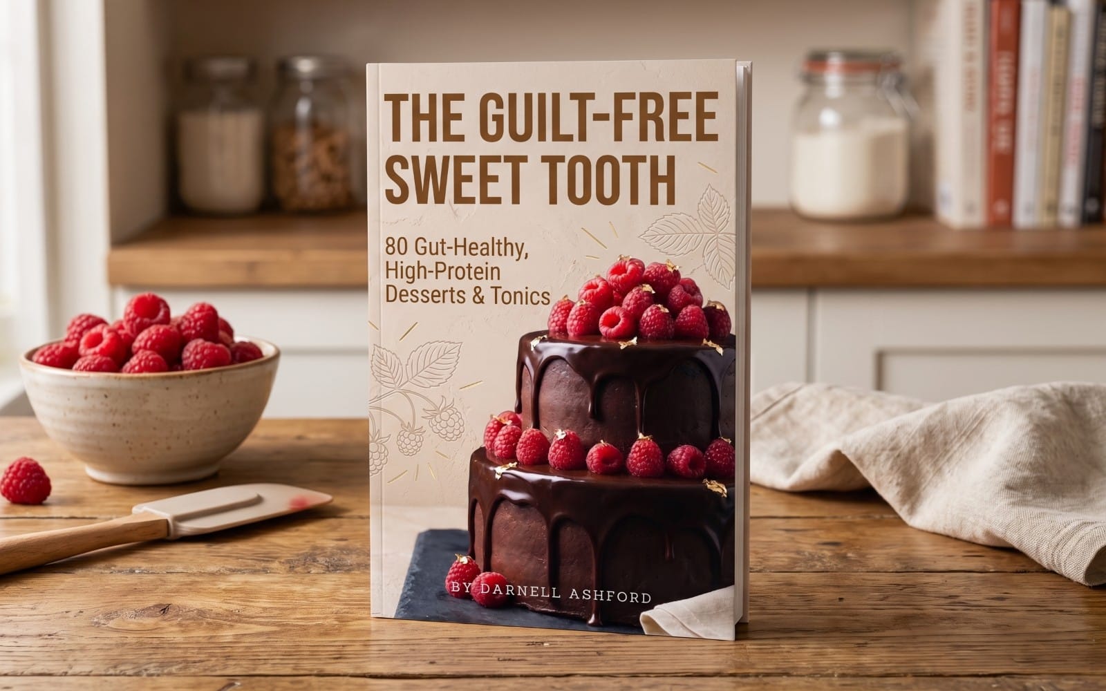 Cookbook cover for The Guilt-Free Sweet Tooth with high-protein dessert title and berries on a chocolate cake