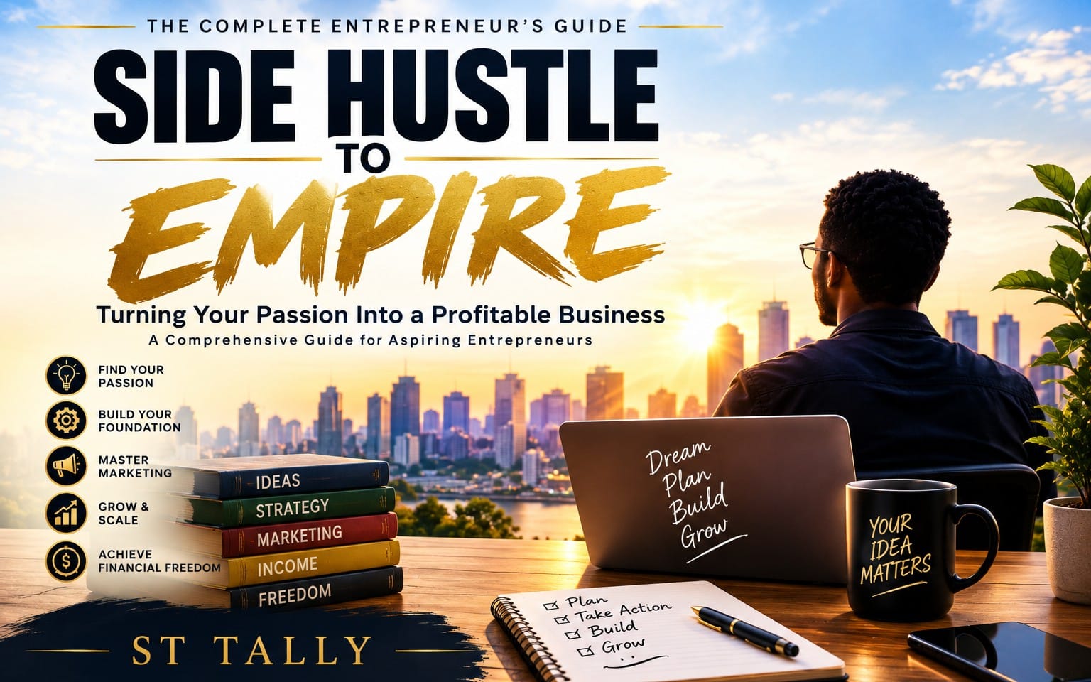 Entrepreneurship ebook cover with city sunset, laptop, business books, notebook and motivational text Side Hustle to