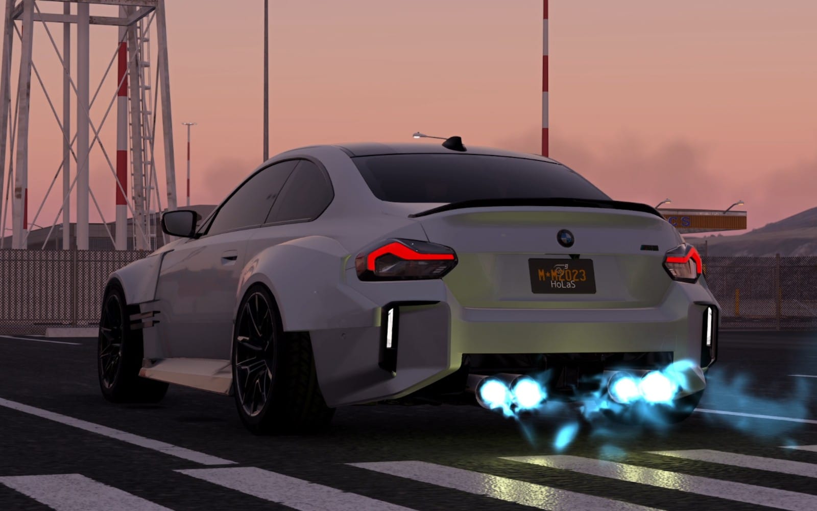 HoLaS Dynamic Backfire car video game effect showing a sports car with glowing blue exhaust flames on a racetrack