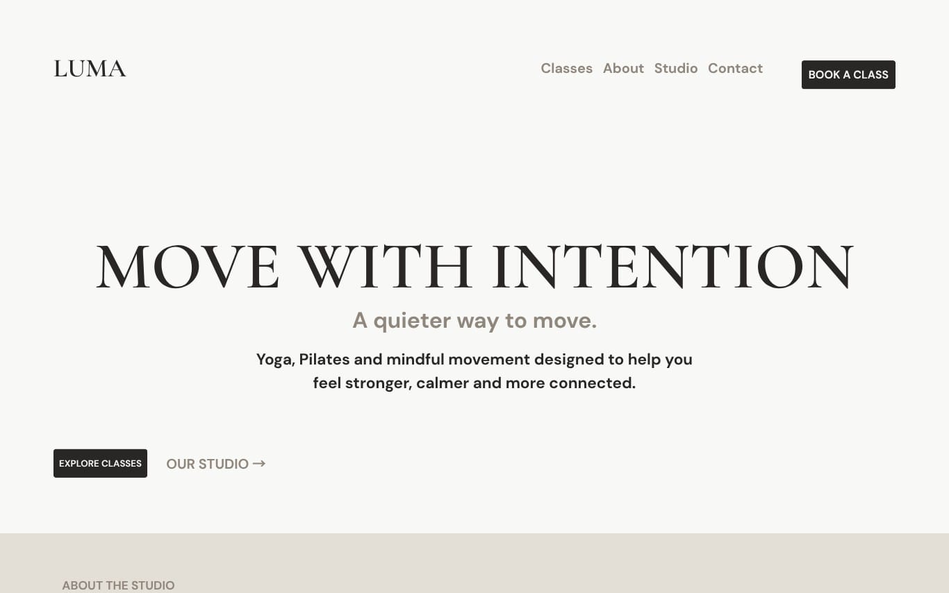 Yoga landing page template with LUMA branding, navigation links, hero headline, and call-to-action buttons