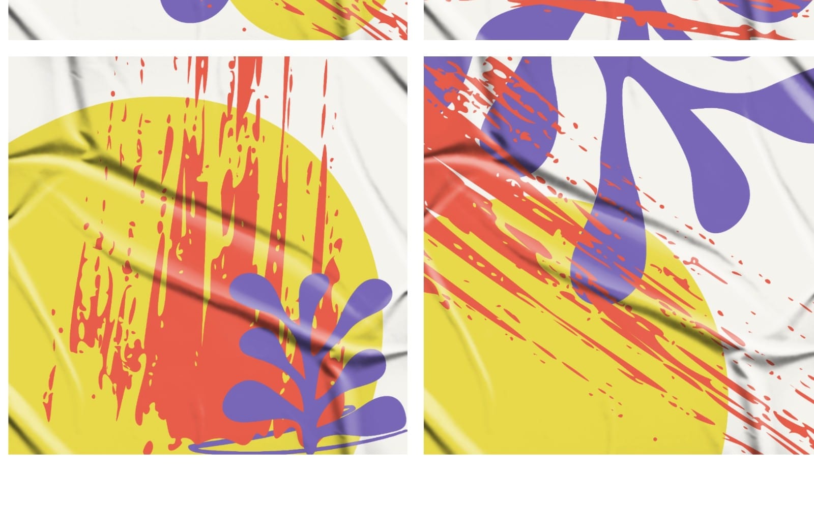 Abstract digital collage backgrounds pack with bright red, yellow, purple paint splashes on white fabric texture