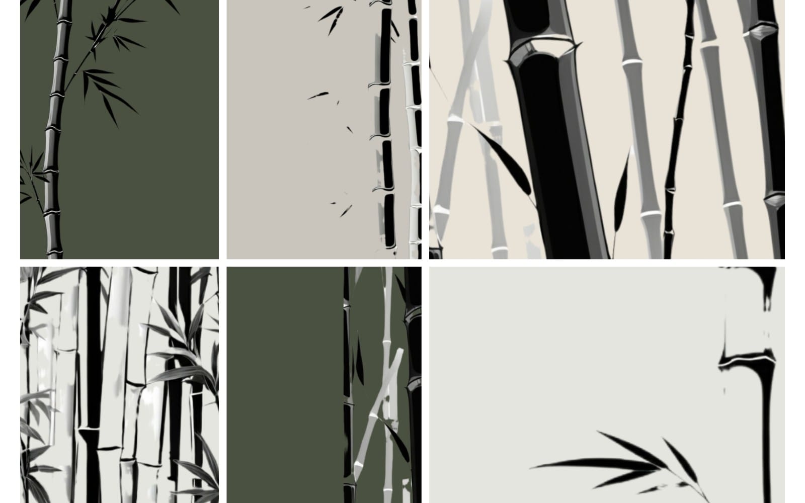 Set of bamboo botanical digital wallpaper designs in green and black with bamboo stalk and leaf illustrations