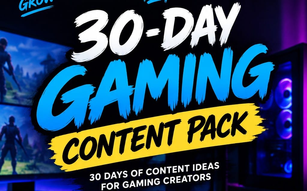 Gaming content creation planner cover with 30-day event pack text and neon gaming background