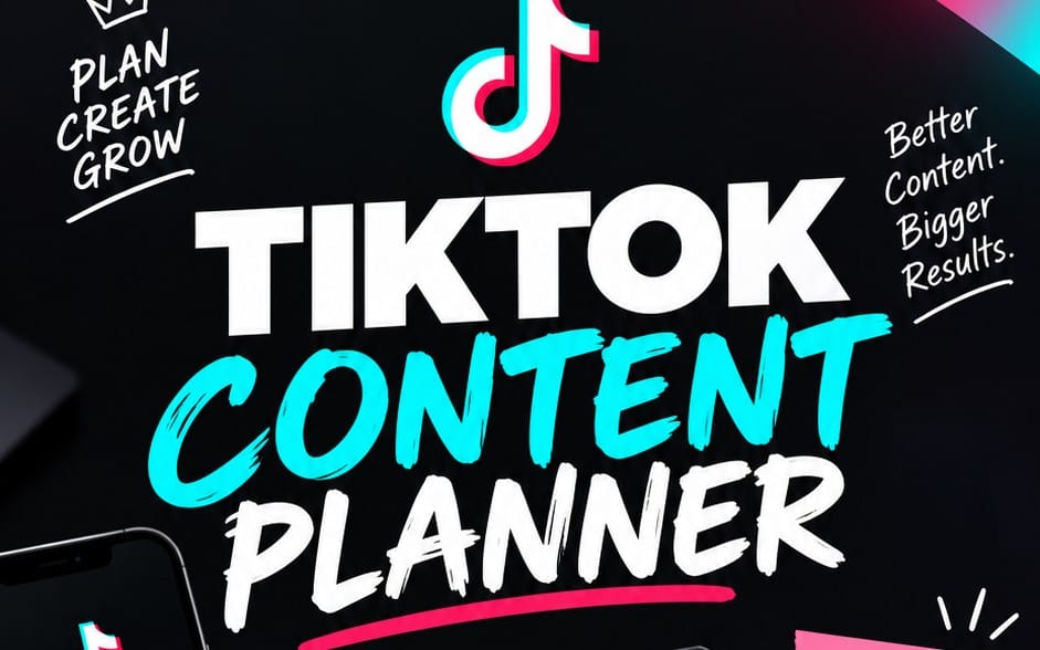 Bold TikTok Content Planner graphic for content creators with neon text and planner branding
