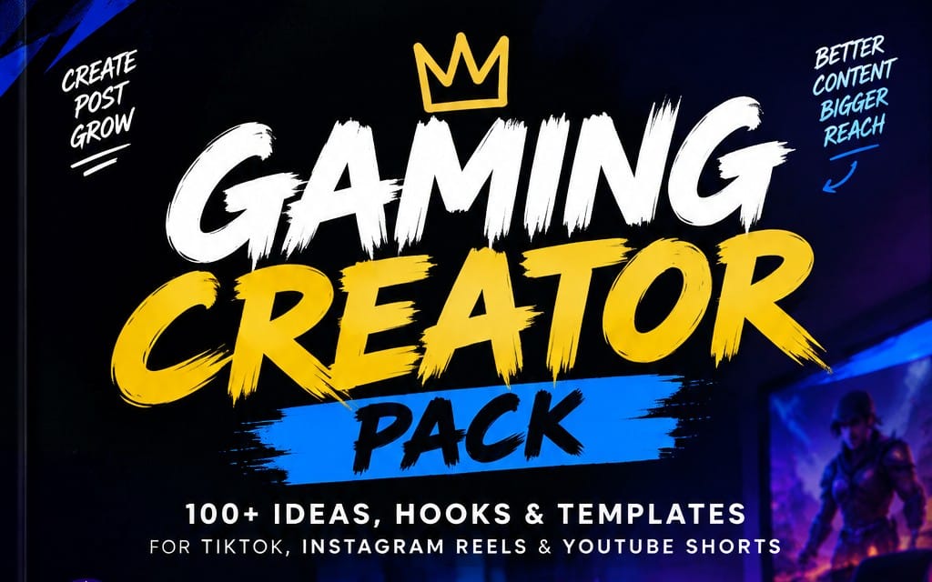 Gaming creator pack banner with Game Creator text, crown logo, and promotional hooks templates for short videos